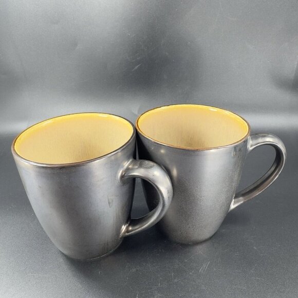 MIKASA Gourmet Basics Linden Stoneware Coffee Mug Cup Black Embossed Brown Set 2 - Picture 10 of 10